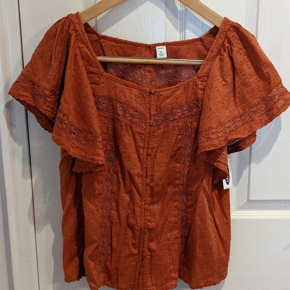 Old Navy - oversized clip-dot crochet lace button front blouse - rust orange xs - Picture 2 of 7
